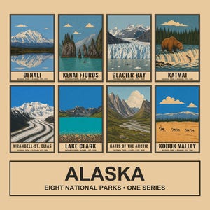 Pu&ograve; includere: Un poster con otto illustrazioni rettangolari dei parchi nazionali dell'Alaska: Denali, Kenai Fjords, Glacier Bay, Katmai, Wrangell-St. Elias, Lake Clark, Gates of the Arctic e Kobuk Valley, con il testo ALASKA EIGHT NATIONAL PARKS ONE SERIES.