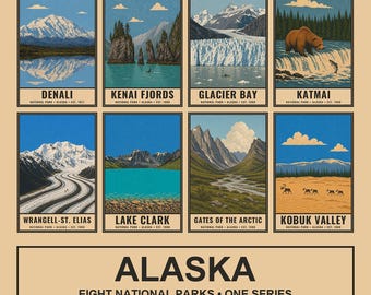 Alaska National Parks Poster Set, Denali Glacier Bay Katmai Kenai Fjords Kobuk Valley Lake Clark Wilderness Digital Download