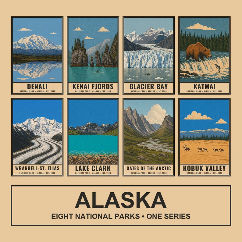 Pu&ograve; includere: Un poster con otto illustrazioni rettangolari dei parchi nazionali dell'Alaska: Denali, Kenai Fjords, Glacier Bay, Katmai, Wrangell-St. Elias, Lake Clark, Gates of the Arctic e Kobuk Valley, con il testo ALASKA EIGHT NATIONAL PARKS ONE SERIES.
