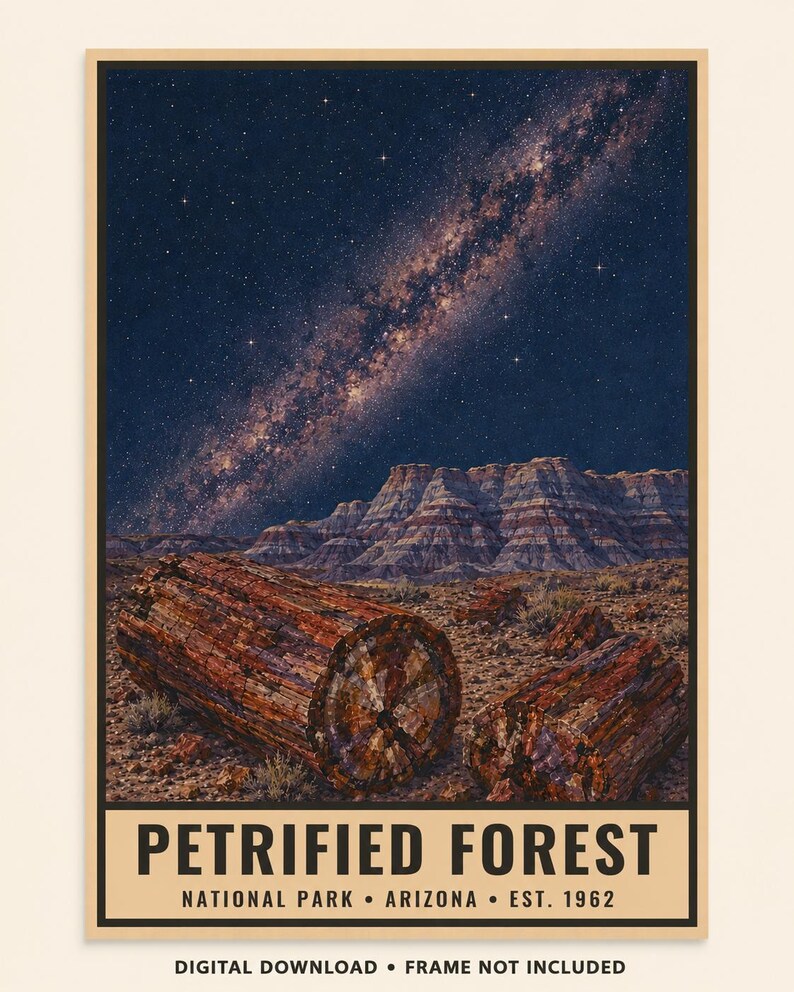 May include: A rectangular poster featuring a night sky filled with stars above a desert landscape with petrified wood logs. The text reads PETRIFIED FOREST NATIONAL PARK ARIZONA EST. 1962. Below the border, the text reads DIGITAL DOWNLOAD FRAME NOT INCLUDED.