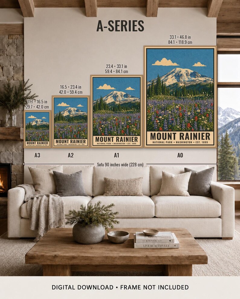 Poster zum Mount Rainier Nationalpark, Vintage-Reisemotiv aus Washington, Druckbare Wildblumenwiesen-Dekoration, Gletschergipfel-Download Bild 12