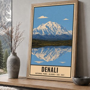 Denali nationalpark-affisch, vintage-resetryck med Alaskas bergstundra, retro väggkonst med vilda djur och landskap, utskrivbar konst från 1960-talet i WPA-stil bild 2