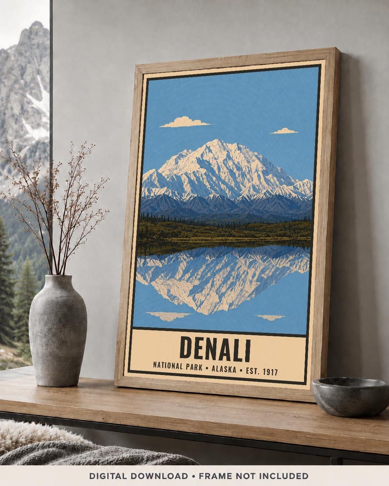 Denali nationalpark-affisch, vintage-resetryck med Alaskas bergstundra, retro väggkonst med vilda djur och landskap, utskrivbar konst från 1960-talet i WPA-stil bild 2