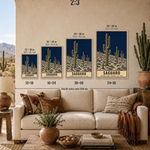 May include: Four vertical wall art prints of Saguaro National Park featuring a desert landscape with cacti under a starry night sky. The prints are labeled with sizes 12x18, 16x24, 20x30, and 24x36 inches. Text reads Saguaro National Park Arizona Est 1994.