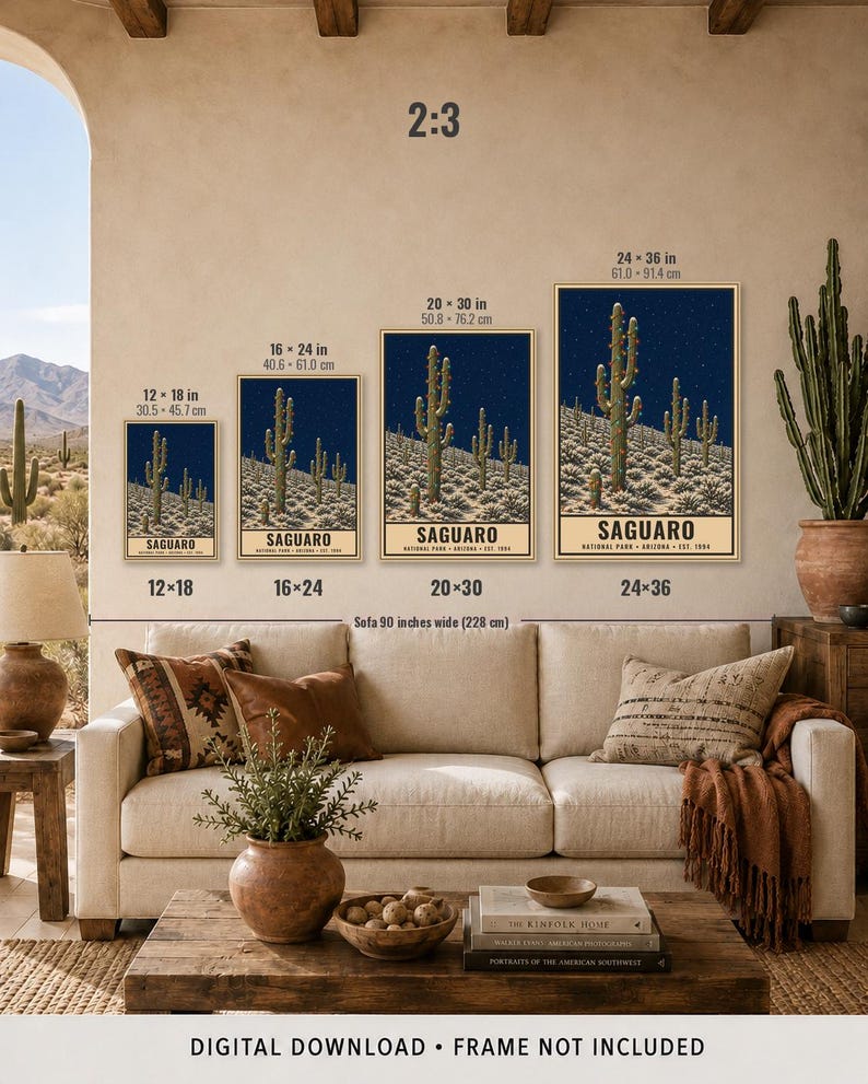 May include: Four vertical wall art prints of Saguaro National Park featuring a desert landscape with cacti under a starry night sky. The prints are labeled with sizes 12x18, 16x24, 20x30, and 24x36 inches. Text reads Saguaro National Park Arizona Est 1994.