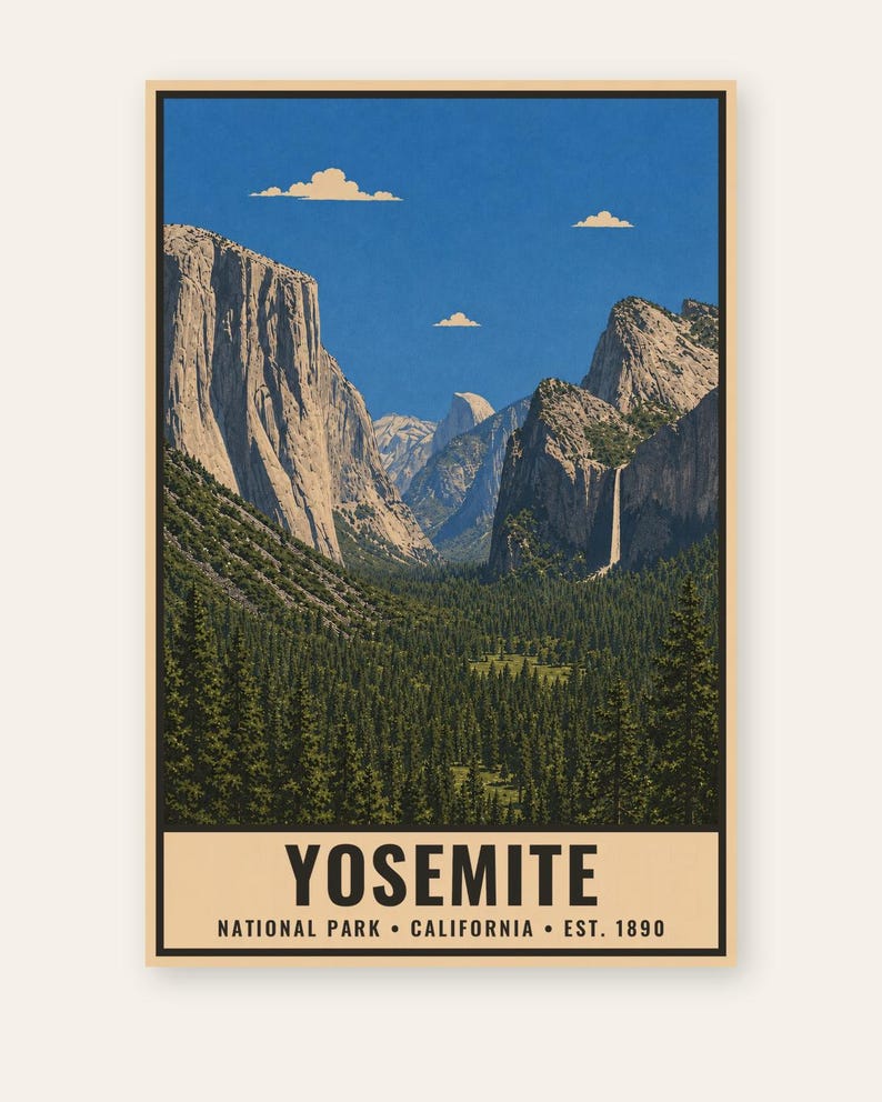 Może przedstawiać: Pionowy plakat podr&oacute;żniczy przedstawiający ilustrację krajobrazu Parku Narodowego Yosemite z granitowymi klifami, wodospadem i gęstym lasem sosnowym pod niebieskim niebem z małymi chmurami. Tekst głosi YOSEMITE NATIONAL PARK CALIFORNIA EST. 1890.