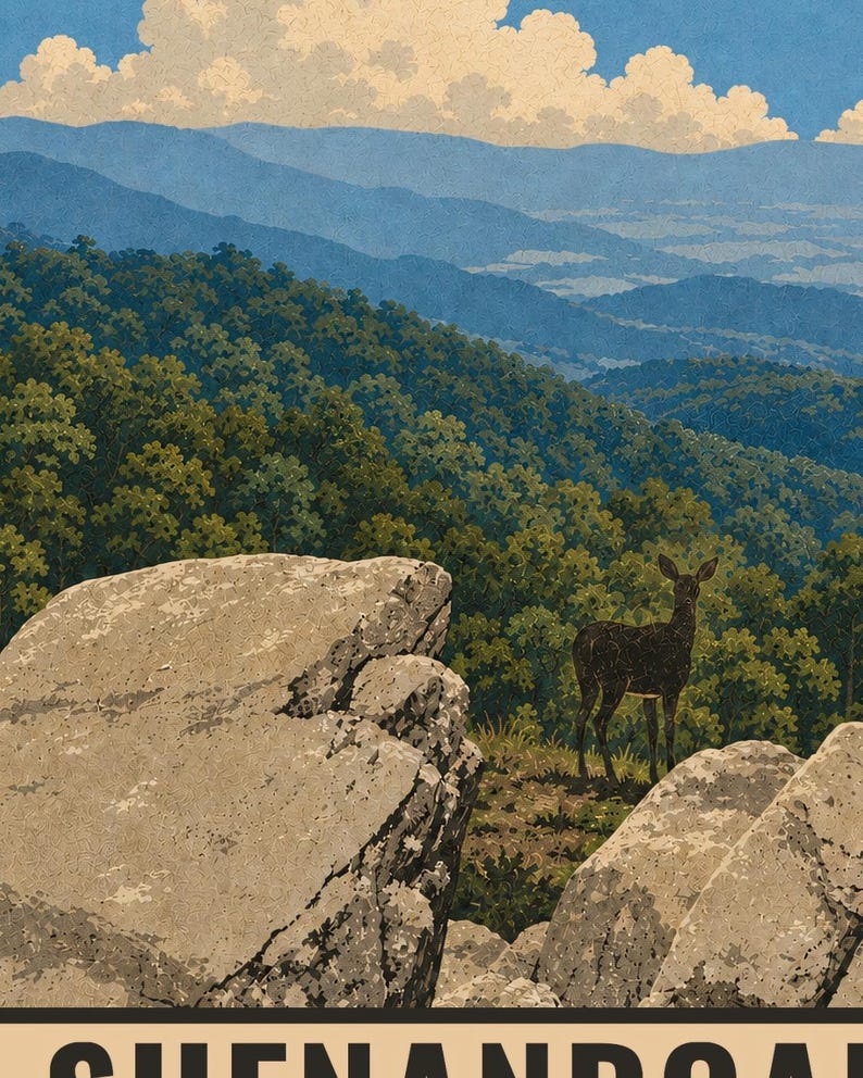Op de afbeelding: Een poster met een landschap van de Shenandoah-bergen met blauwe bergkammen, groene bossen en een heldere lucht met witte wolken. Op de voorgrond omlijsten grote beige rotsen een donkerbruin hert op een met gras begroeide richel.