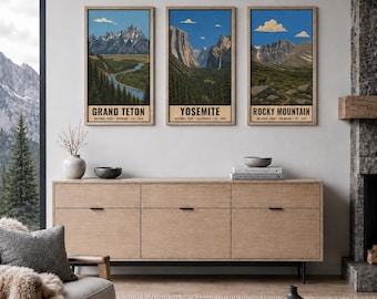Set di 3 poster da parete con immagini di montagne, parchi nazionali, Grand Teton, Yosemite, Montagne Rocciose, paesaggi stampabili per la parete della galleria.