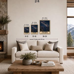 May include: Three framed posters of Black Canyon of the Gunnison National Park displayed on a wall above a 72-inch wide loveseat. The posters are available in sizes 9x12 inches, 12x16 inches, and 18x24 inches, featuring a night sky over a canyon.