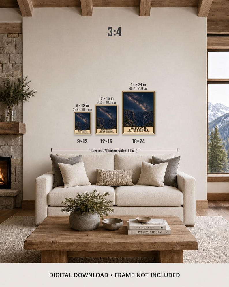 May include: Three framed posters of Black Canyon of the Gunnison National Park displayed on a wall above a 72-inch wide loveseat. The posters are available in sizes 9x12 inches, 12x16 inches, and 18x24 inches, featuring a night sky over a canyon.