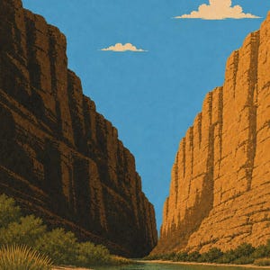 Op de afbeelding: Een landschapsillustratie van een rivier die tussen twee torenhoge, steile canyonwanden stroomt. De rotswanden zijn weergegeven in tinten oranje en donkerbruin, met daarboven een helderblauwe lucht met twee kleine, pluizige, lichte wolken.