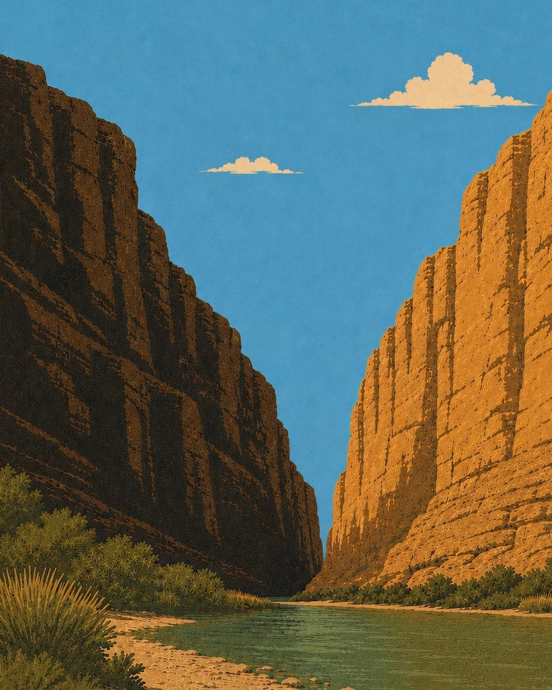Op de afbeelding: Een landschapsillustratie van een rivier die tussen twee torenhoge, steile canyonwanden stroomt. De rotswanden zijn weergegeven in tinten oranje en donkerbruin, met daarboven een helderblauwe lucht met twee kleine, pluizige, lichte wolken.