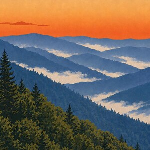 Great Smoky Mountains nationalpark-affisch, vintage resetryck med Blue Ridge-motiv, retro väggkonst i skog och berg, utskrivbar dekoration i WPA-stil bild 4