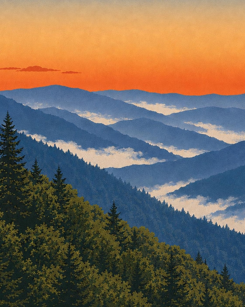 Great Smoky Mountains nationalpark-affisch, vintage resetryck med Blue Ridge-motiv, retro väggkonst i skog och berg, utskrivbar dekoration i WPA-stil bild 4