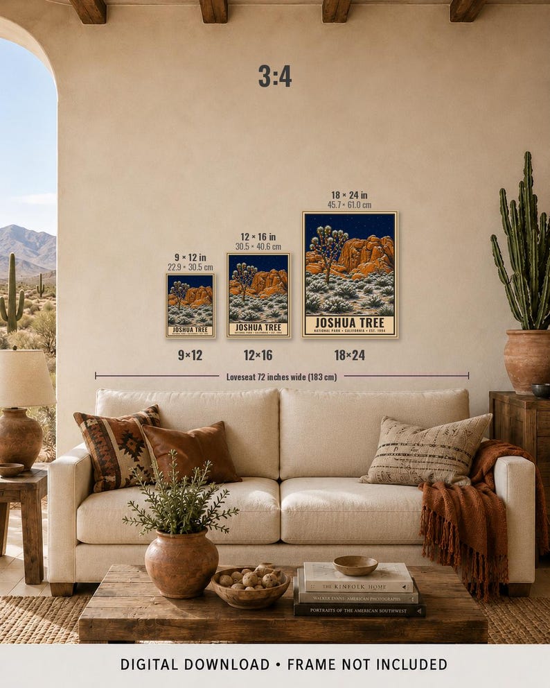 May include: Three rectangular wall art prints featuring a Joshua Tree National Park landscape with orange rock formations and dark blue night skies. The prints are labeled with dimensions 9x12 inches, 12x16 inches, and 18x24 inches. Text reads JOSHUA TREE.