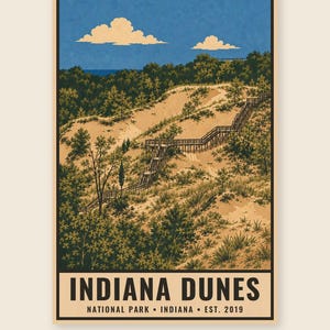 Plakat z Parku Narodowego Indiana Dunes, wydruk z podróży po plaży nad jeziorem Michigan w stylu vintage, dekoracja ścienna z wydmami w stylu retro, dekoracja do druku w stylu WPA z lat 60. XX wieku zdjęcie 3