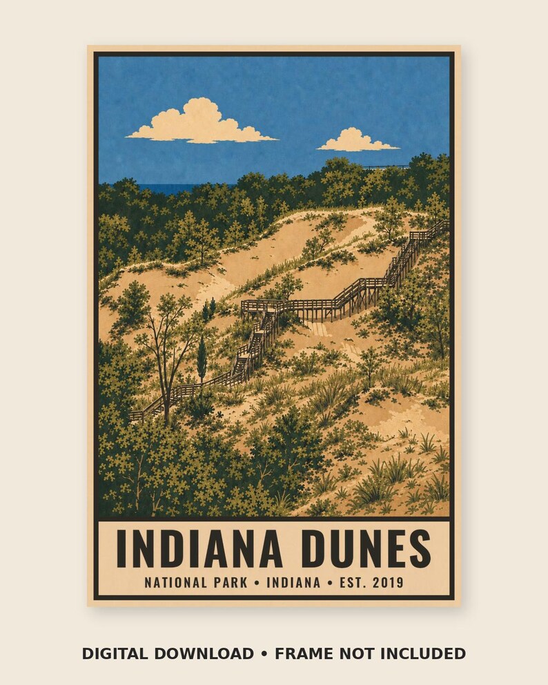 Plakat z Parku Narodowego Indiana Dunes, wydruk z podróży po plaży nad jeziorem Michigan w stylu vintage, dekoracja ścienna z wydmami w stylu retro, dekoracja do druku w stylu WPA z lat 60. XX wieku zdjęcie 3