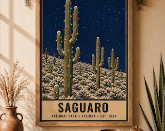 Saguaro National Park, Christmas Poster, Cactus Christmas, Christmas Lights, Arizona Winter Art (Digital Download)