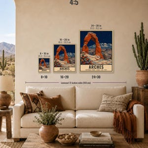May include: Three rectangular wall art prints of Arches National Park in sizes 8x10 inches, 16x20 inches, and 24x30 inches. The prints feature a red rock arch, a starry night sky, and a decorated Christmas tree. Text reads Arches National Park Utah.