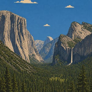 Może przedstawiać: Pionowa ilustracja krajobrazu doliny Yosemite przedstawiająca wysokie granitowe klify, gęsty las zielonych sosen i odległy wodospad. Scena rozgrywa się pod bezchmurnym niebem z trzema małymi, stylizowanymi białymi chmurami.
