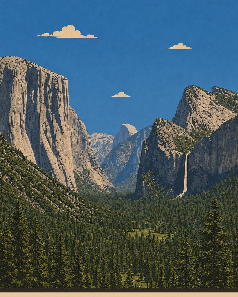 Może przedstawiać: Pionowa ilustracja krajobrazu doliny Yosemite przedstawiająca wysokie granitowe klify, gęsty las zielonych sosen i odległy wodospad. Scena rozgrywa się pod bezchmurnym niebem z trzema małymi, stylizowanymi białymi chmurami.