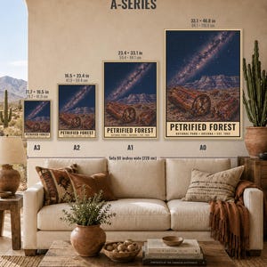 May include: Four vertical posters labeled A3, A2, A1, and A0, each displaying a night sky over the Petrified Forest in Arizona. The posters show sizes ranging from 11.7 x 16.5 inches to 33.1 x 46.8 inches. Text reads Petrified Forest National Park.