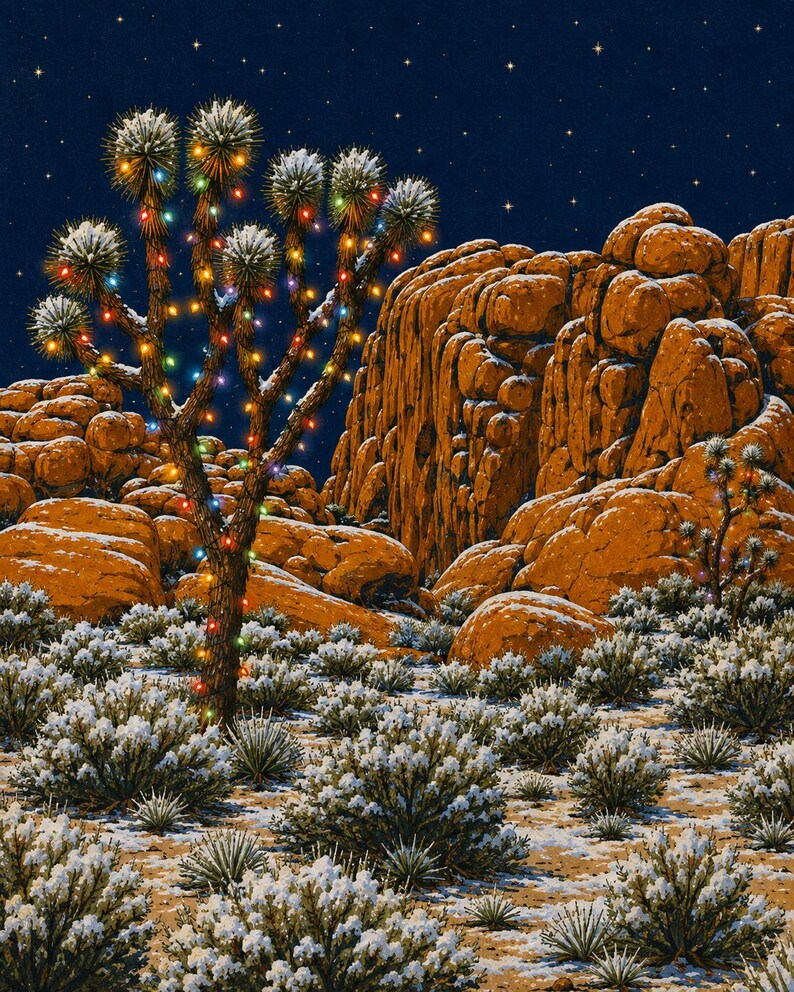 May include: A desert landscape at night featuring a Joshua tree decorated with multicolored string lights. The ground and low-lying desert shrubs are covered in a light dusting of snow, set against large orange rock formations and a dark starry sky.