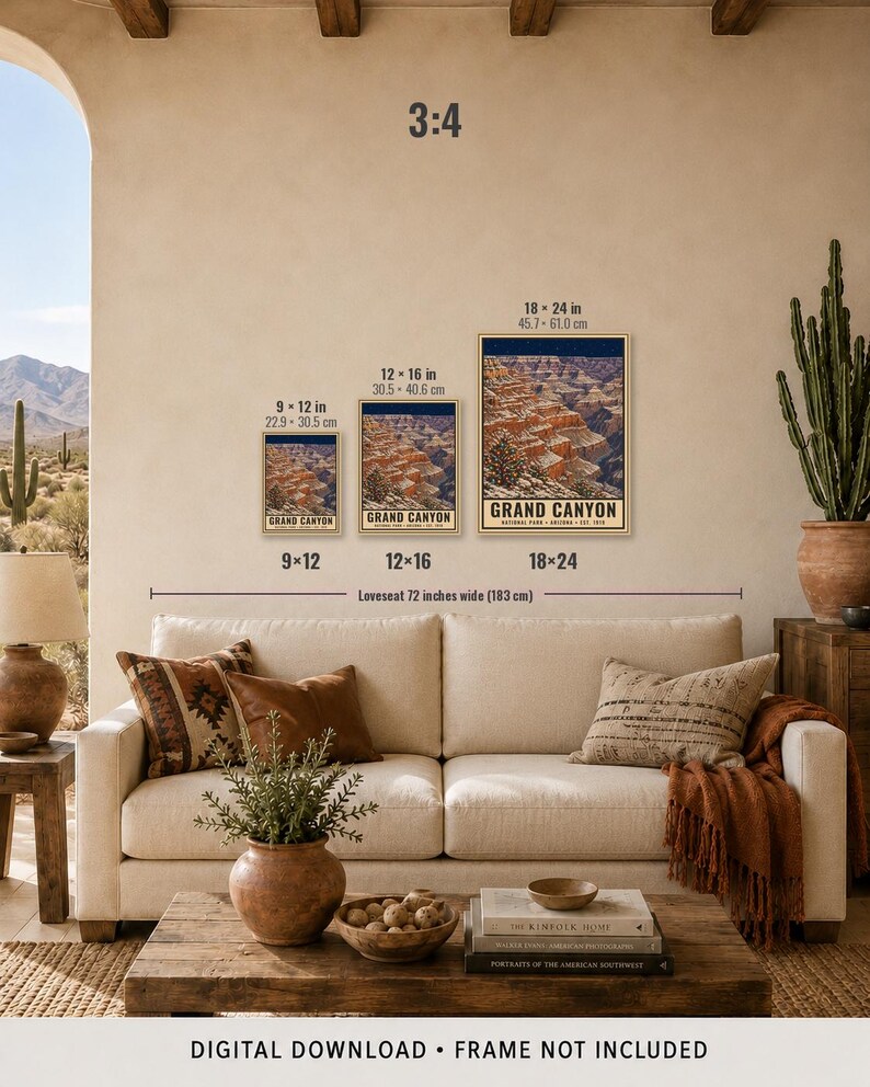 May include: Three rectangular wall art prints of the Grand Canyon National Park in sizes 9x12 inches, 12x16 inches, and 18x24 inches. The prints feature a landscape illustration of the canyon with text reading Grand Canyon National Park Arizona Est 1919.