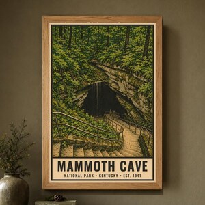 Poster zum Mammoth-Cave-Nationalpark, Eingang Kentucky, Vintage-Reisekunst, Retro-Siebdruck, Druckbare Wanddekoration, Digitaler Download