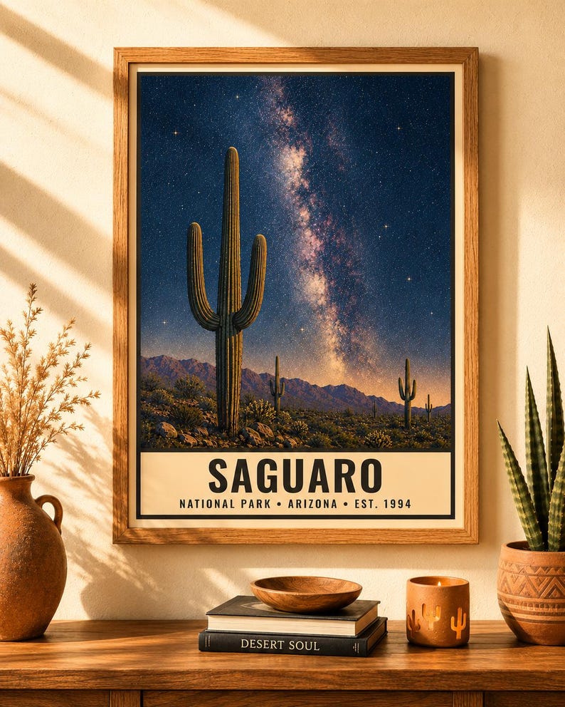 Puede incluir: Una l&aacute;mina enmarcada que muestra un paisaje nocturno del Parque Nacional Saguaro en Arizona, con un gran cactus saguaro en primer plano bajo un cielo estrellado y la V&iacute;a L&aacute;ctea. El texto dice SAGUARO NATIONAL PARK &bull; ARIZONA &bull; EST. 1994.