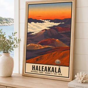 Haleakala National Park Poster, Hawaii Maui Volcano Sunrise Vintage Travel Print, Retro Island Landscape Wall Art, WPA Style Printable image 2
