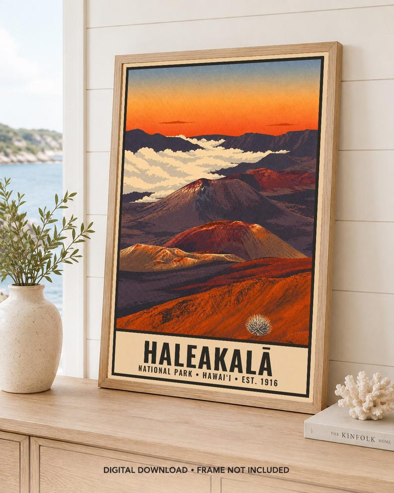 Haleakala National Park Poster, Hawaii Maui Volcano Sunrise Vintage Travel Print, Retro Island Landscape Wall Art, WPA Style Printable image 2
