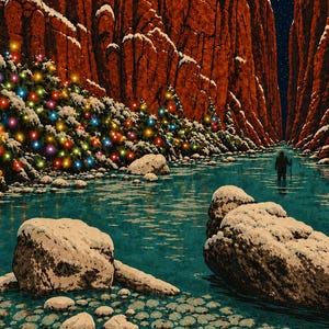 May include: A digital illustration of a snowy canyon with a river flowing through it. A line of evergreen trees decorated with colorful glowing lights lines the bank. A lone figure stands in the water under a dark night sky with a single bright star.
