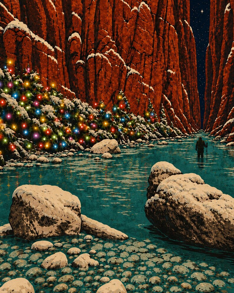 May include: A digital illustration of a snowy canyon with a river flowing through it. A line of evergreen trees decorated with colorful glowing lights lines the bank. A lone figure stands in the water under a dark night sky with a single bright star.