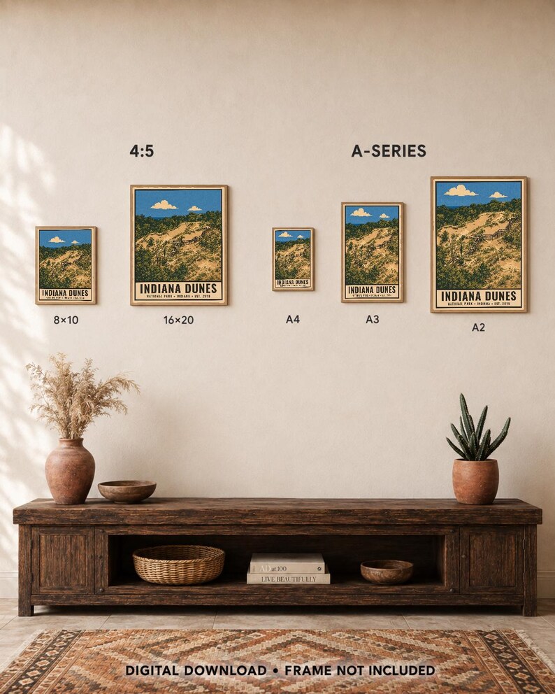 Plakat z Parku Narodowego Indiana Dunes, wydruk z podróży po plaży nad jeziorem Michigan w stylu vintage, dekoracja ścienna z wydmami w stylu retro, dekoracja do druku w stylu WPA z lat 60. XX wieku zdjęcie 6