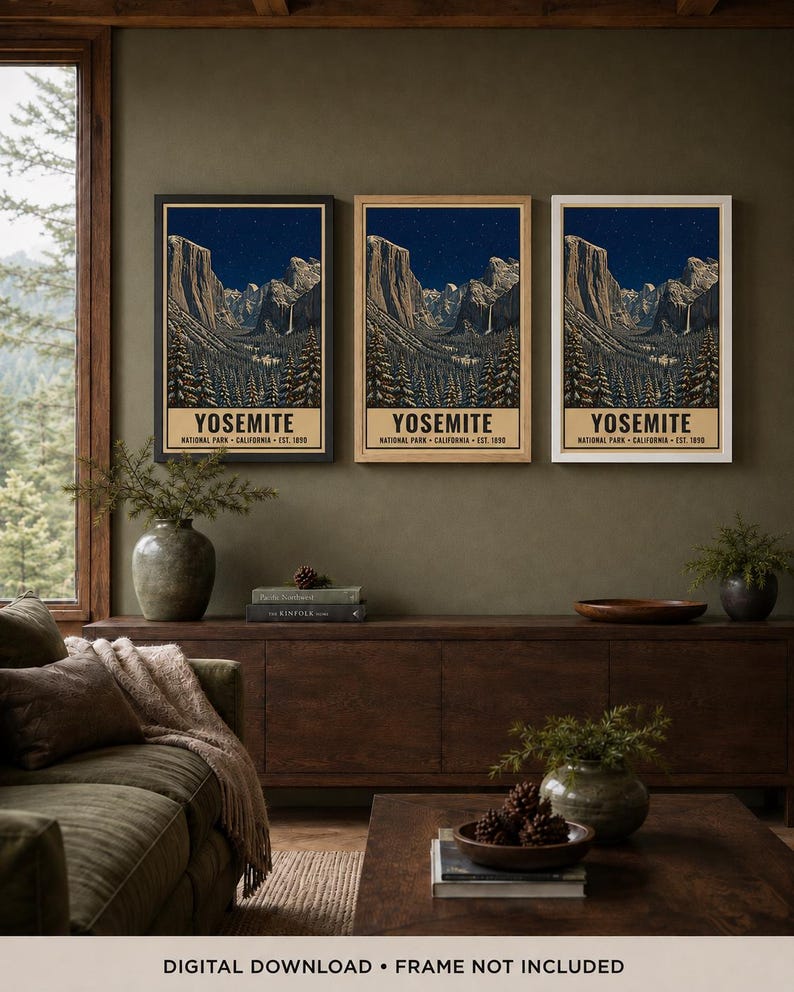 May include: Three vertical wall art prints featuring a nighttime landscape of Yosemite National Park with mountains, a waterfall, and pine trees. The text reads YOSEMITE NATIONAL PARK CALIFORNIA EST. 1890. The prints are displayed in black, wood, and white frames.