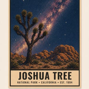 May include: A rectangular poster featuring a Joshua tree in a desert landscape with large orange rock formations under a dark blue night sky filled with stars and a visible Milky Way. The text reads JOSHUA TREE NATIONAL PARK CALIFORNIA EST. 1994.