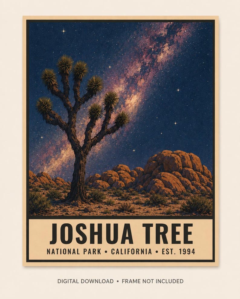 May include: A rectangular poster featuring a Joshua tree in a desert landscape with large orange rock formations under a dark blue night sky filled with stars and a visible Milky Way. The text reads JOSHUA TREE NATIONAL PARK CALIFORNIA EST. 1994.