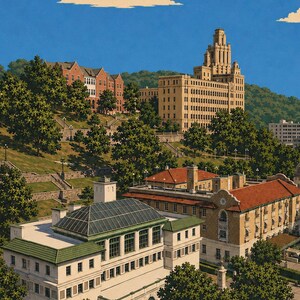 Peut inclure: Une illustration num&eacute;rique d'un campus avec un grand b&acirc;timent beige dot&eacute; d'une tour centrale, un b&acirc;timent au toit rouge et une structure blanche avec un toit en verre, le tout sous un ciel bleu avec des nuages et des arbres sur une colline.