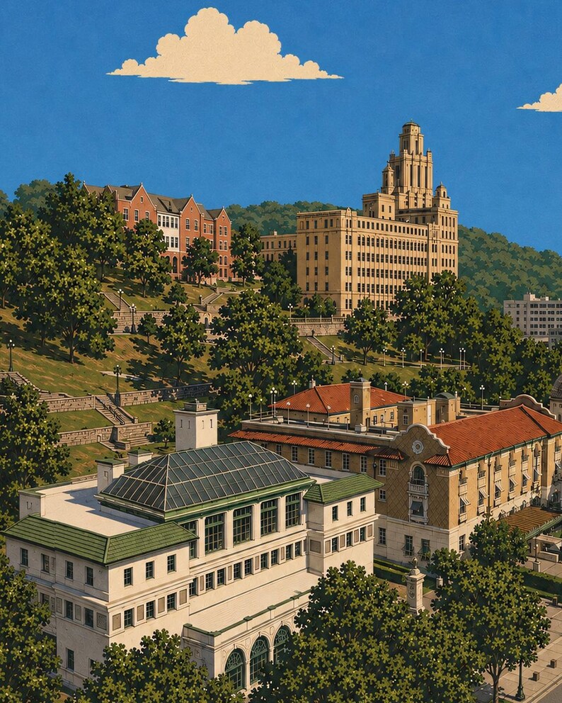 Peut inclure: Une illustration num&eacute;rique d'un campus avec un grand b&acirc;timent beige dot&eacute; d'une tour centrale, un b&acirc;timent au toit rouge et une structure blanche avec un toit en verre, le tout sous un ciel bleu avec des nuages et des arbres sur une colline.