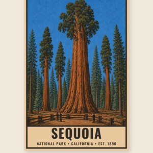 Może przedstawiać: Pionowy plakat przedstawiający wielkie drzewo sekwoi w lesie pod niebieskim niebem. Drewniany płot otacza podstawę drzewa. Tekst głosi: SEQUOIA NATIONAL PARK CALIFORNIA EST. 1890. Pod obrazem widnieje napis: DIGITAL DOWNLOAD FRAME NOT INCLUDED.
