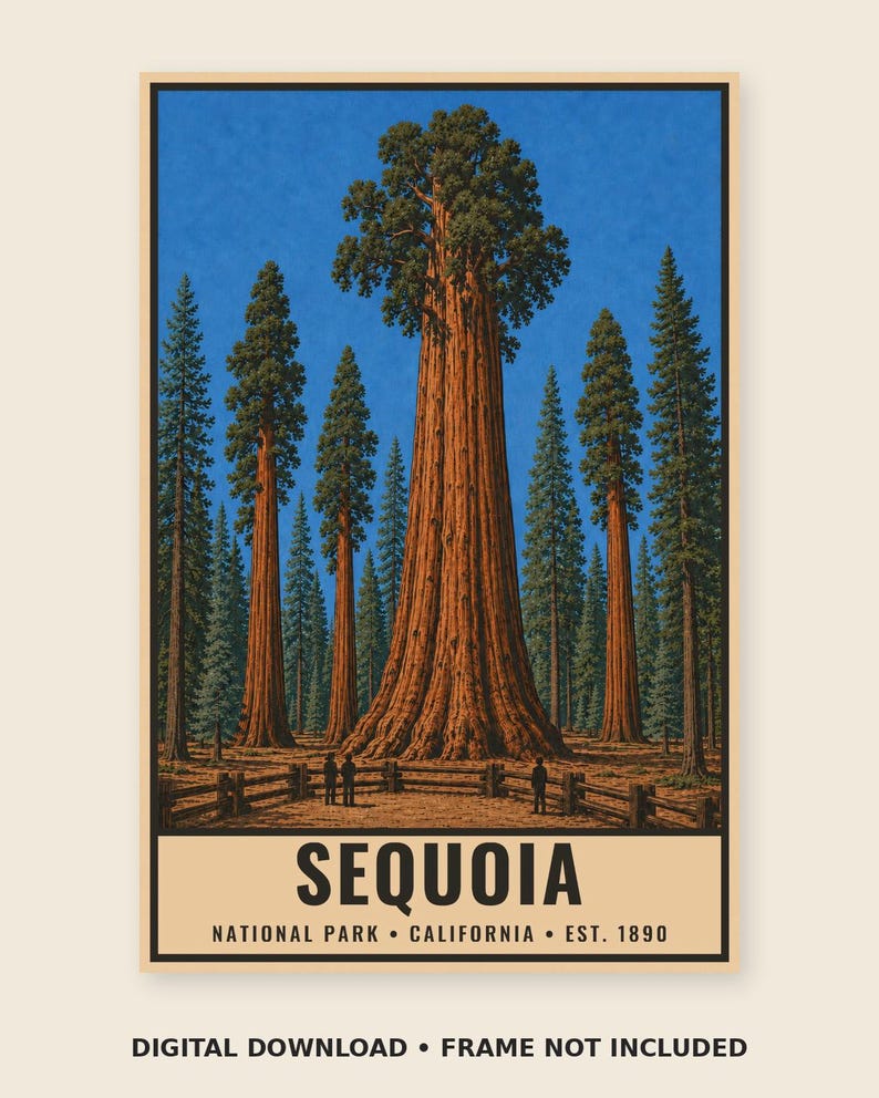 Może przedstawiać: Pionowy plakat przedstawiający wielkie drzewo sekwoi w lesie pod niebieskim niebem. Drewniany płot otacza podstawę drzewa. Tekst głosi: SEQUOIA NATIONAL PARK CALIFORNIA EST. 1890. Pod obrazem widnieje napis: DIGITAL DOWNLOAD FRAME NOT INCLUDED.
