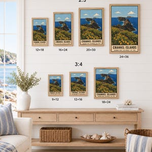 May include: A collection of seven framed wall art prints depicting the Channel Islands National Park, featuring yellow flowers, rocky cliffs, and blue ocean. The prints are labelled with dimensions in inches, including 12x18, 16x24, 20x30, 24x36, 9x12, 12x16, and 18x24.