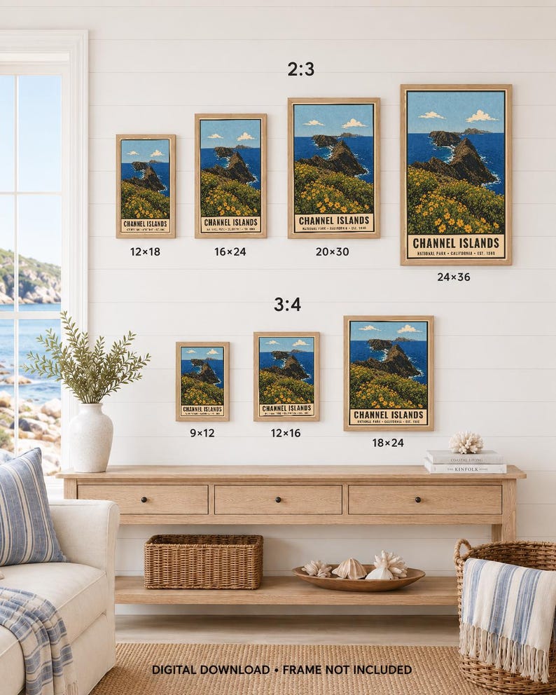 May include: A collection of seven framed wall art prints depicting the Channel Islands National Park, featuring yellow flowers, rocky cliffs, and blue ocean. The prints are labelled with dimensions in inches, including 12x18, 16x24, 20x30, 24x36, 9x12, 12x16, and 18x24.