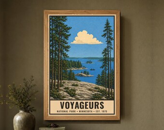 Voyageurs National Park Poster, Vintage Minnesota Northwoods Travel Print, Canoe Lake Landscape, Digital Download Wall Decor