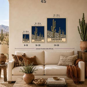 May include: Three rectangular wall art prints featuring a Saguaro National Park illustration with a dark blue starry sky and desert landscape. Sizes shown include 8x10 inches, 16x20 inches, and 24x30 inches. The text reads SAGUARO NATIONAL PARK ARIZONA EST 1994.