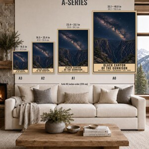 May include: Four vertical posters labeled A3, A2, A1, and A0, each displaying a night sky over Black Canyon of the Gunnison National Park. Sizes range from 11.7 x 16.5 inches to 33.1 x 46.8 inches. Text includes park name, location, and year.