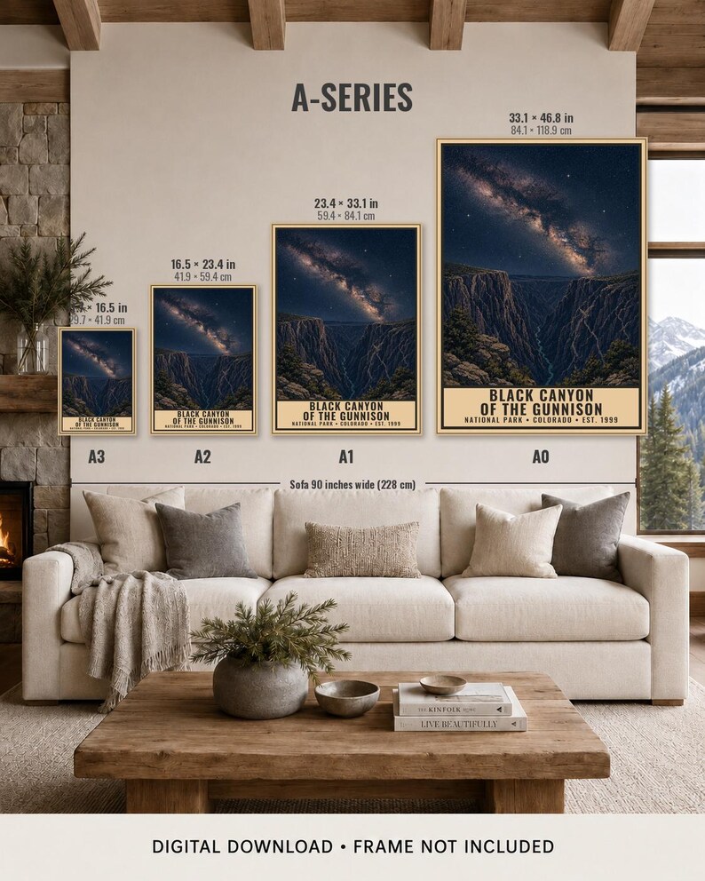 May include: Four vertical posters labeled A3, A2, A1, and A0, each displaying a night sky over Black Canyon of the Gunnison National Park. Sizes range from 11.7 x 16.5 inches to 33.1 x 46.8 inches. Text includes park name, location, and year.