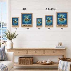 May include: Five framed posters of Dry Tortugas National Park in various sizes labelled 8x10, 16x20, A4, A3, and A2. The posters feature an aerial view of the island fortress surrounded by blue water. Text reads: DIGITAL DOWNLOAD - FRAME NOT INCLUDED.