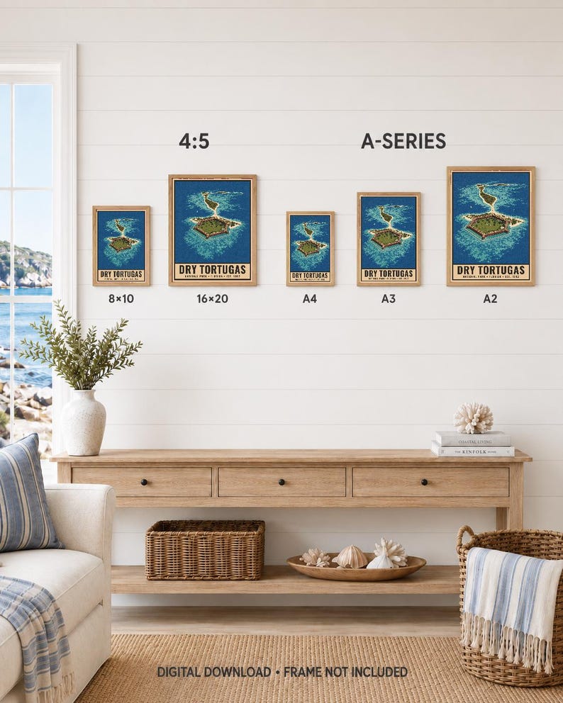 May include: Five framed posters of Dry Tortugas National Park in various sizes labelled 8x10, 16x20, A4, A3, and A2. The posters feature an aerial view of the island fortress surrounded by blue water. Text reads: DIGITAL DOWNLOAD - FRAME NOT INCLUDED.